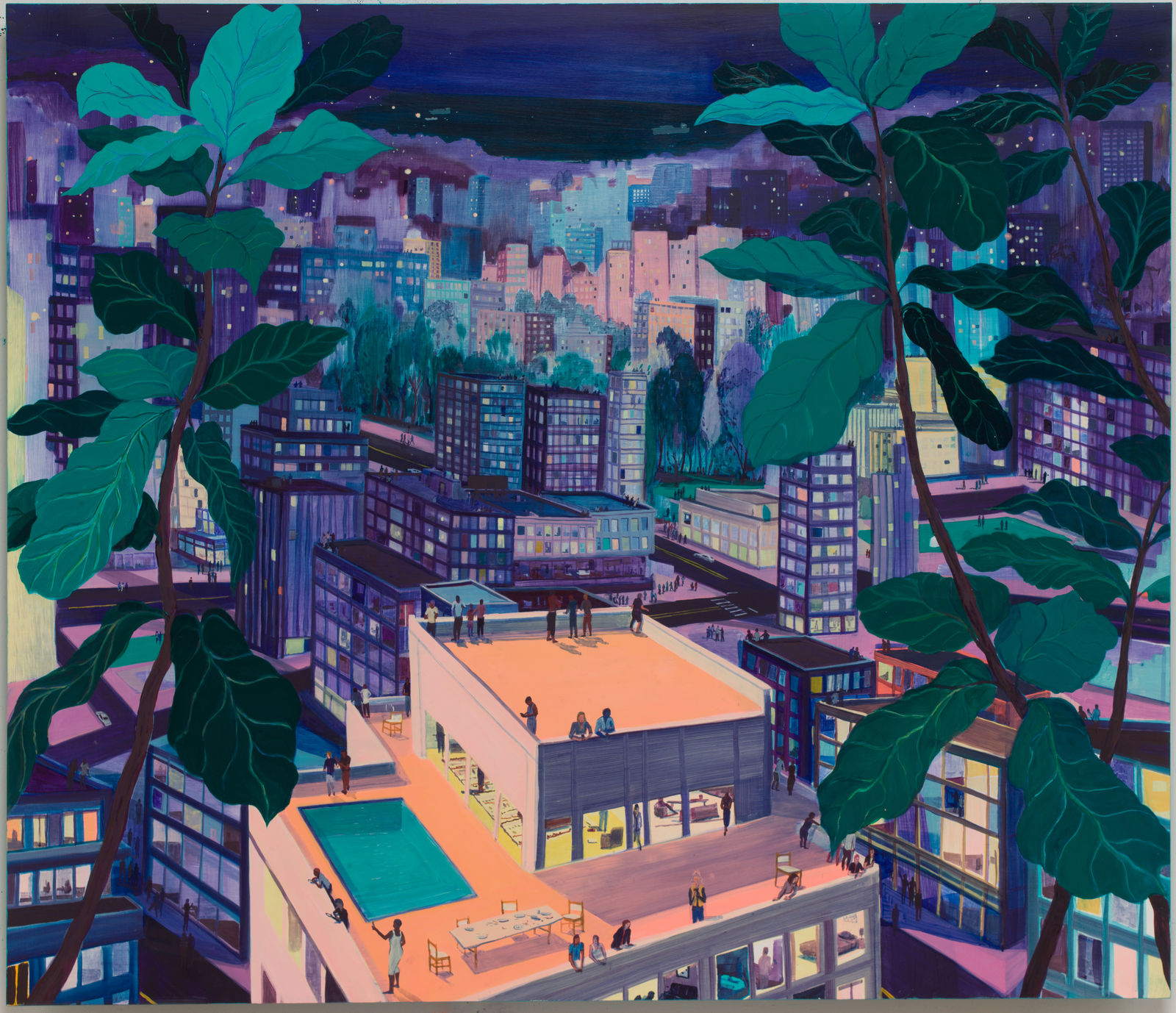 An oil on panel of a cityscape at night.