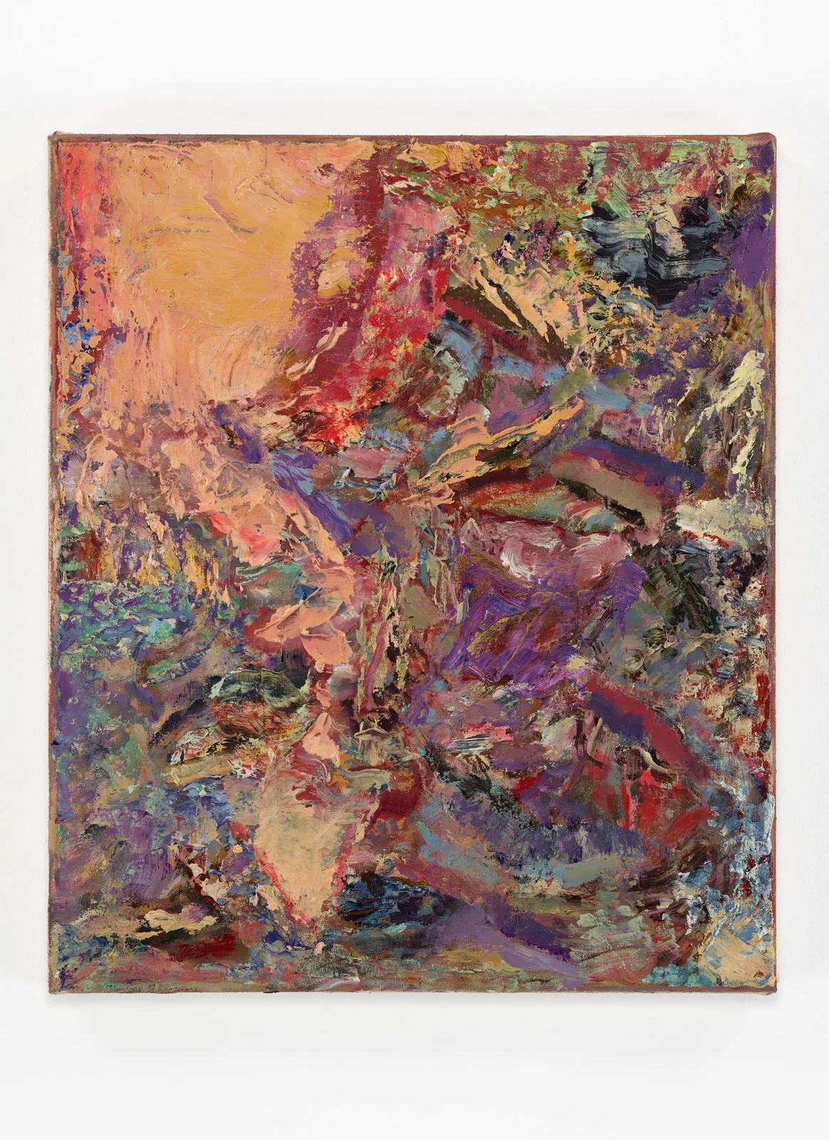 a small abstract painting colored with orange and purple and red marks