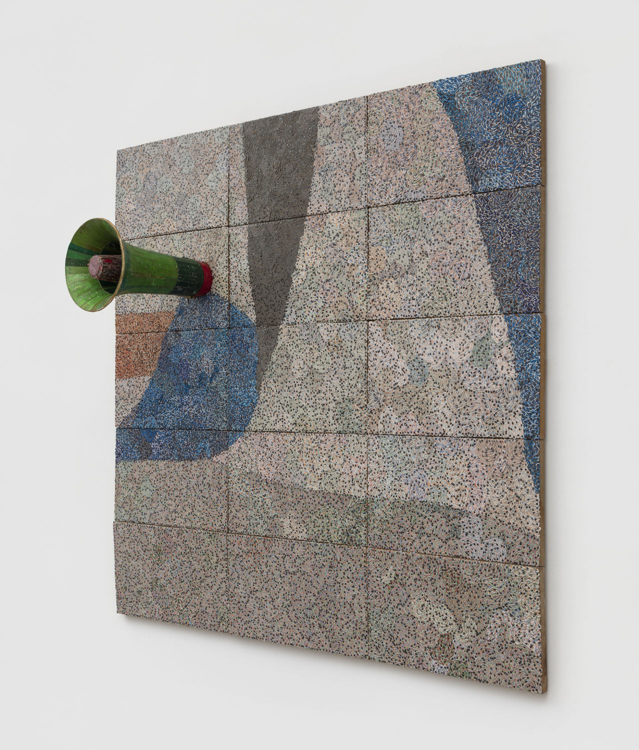 a large mixed media work using reclaimed electrical wires and components on panel, characterized by organic shapes and a protruding megaphone