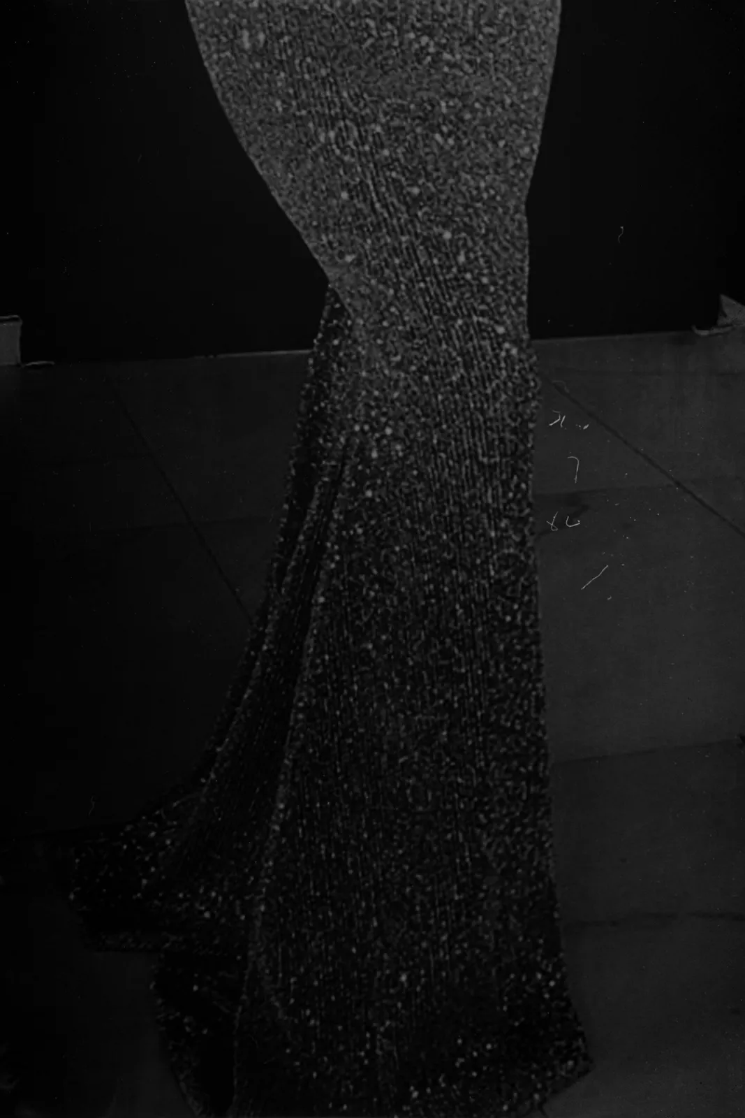 A black and white inkjet print of an abstract scene.