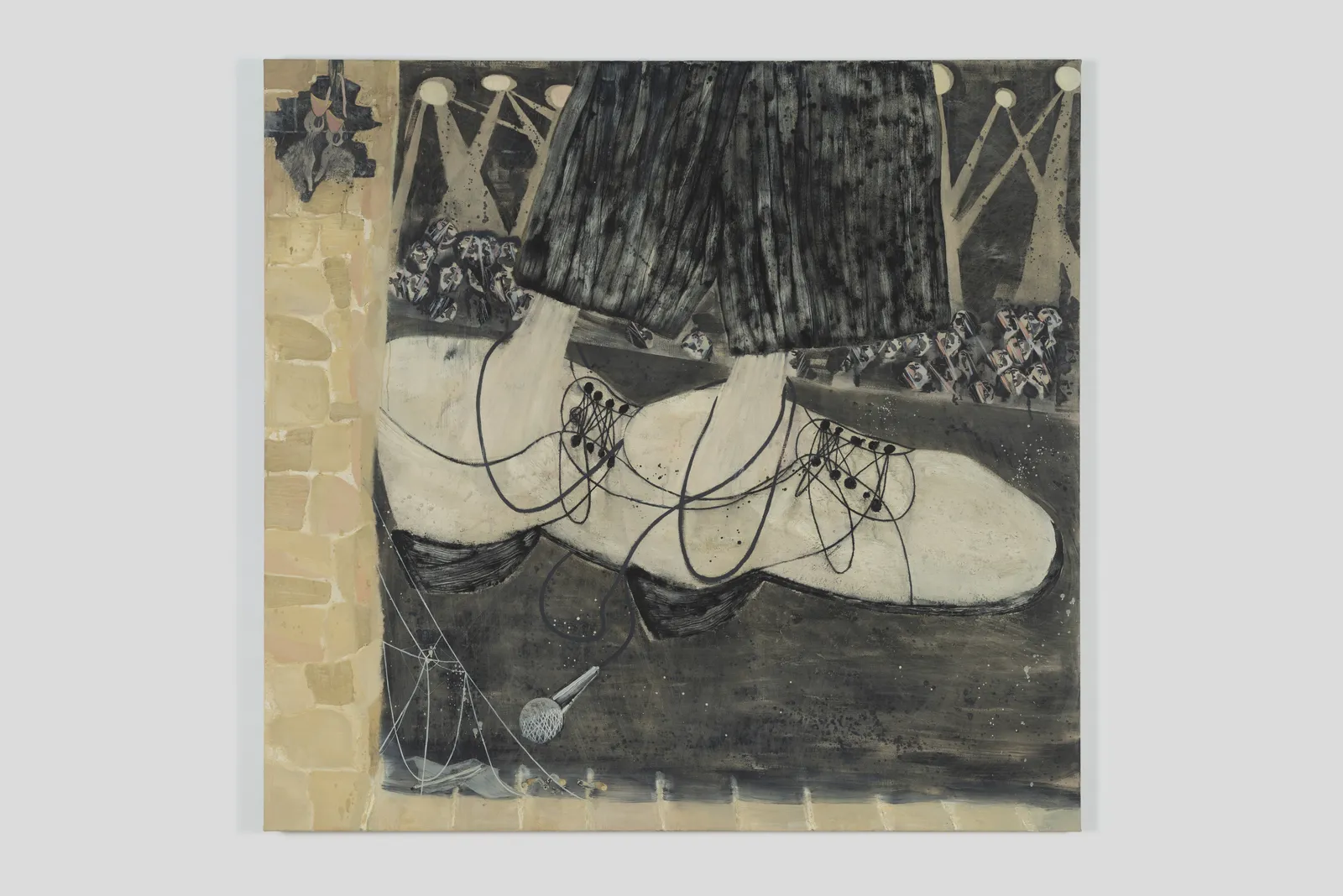 Oil on canvas of a pair of massive neutral colored sneakers