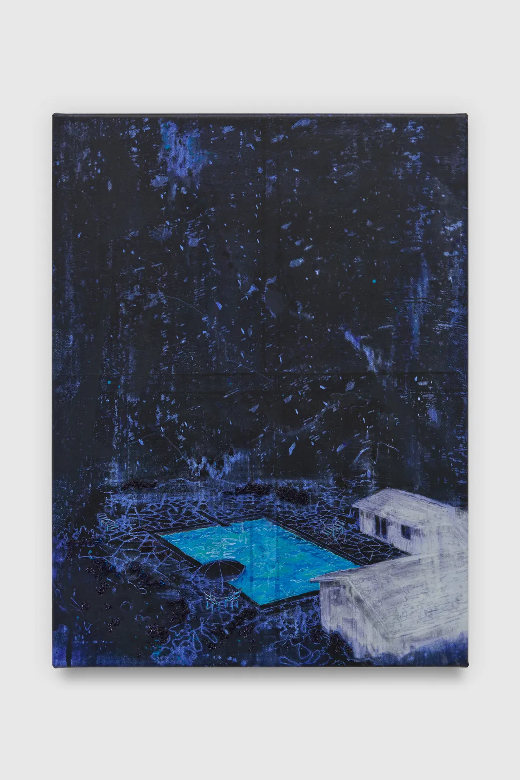 A mixed media image of a white house standing next to a pool.