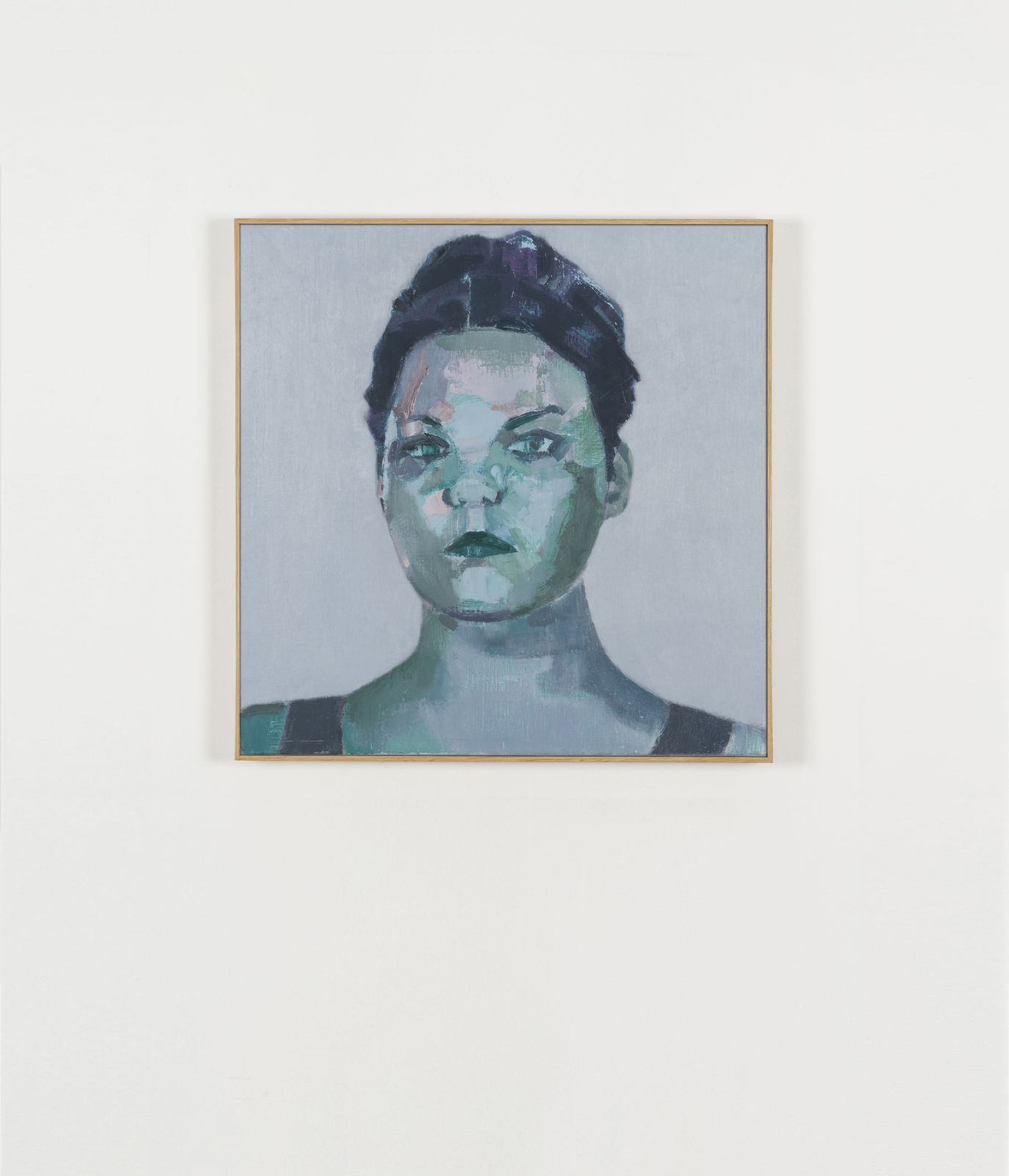 oil painting depicting a front-facing bust portrait of a woman done in mostly greens and blues