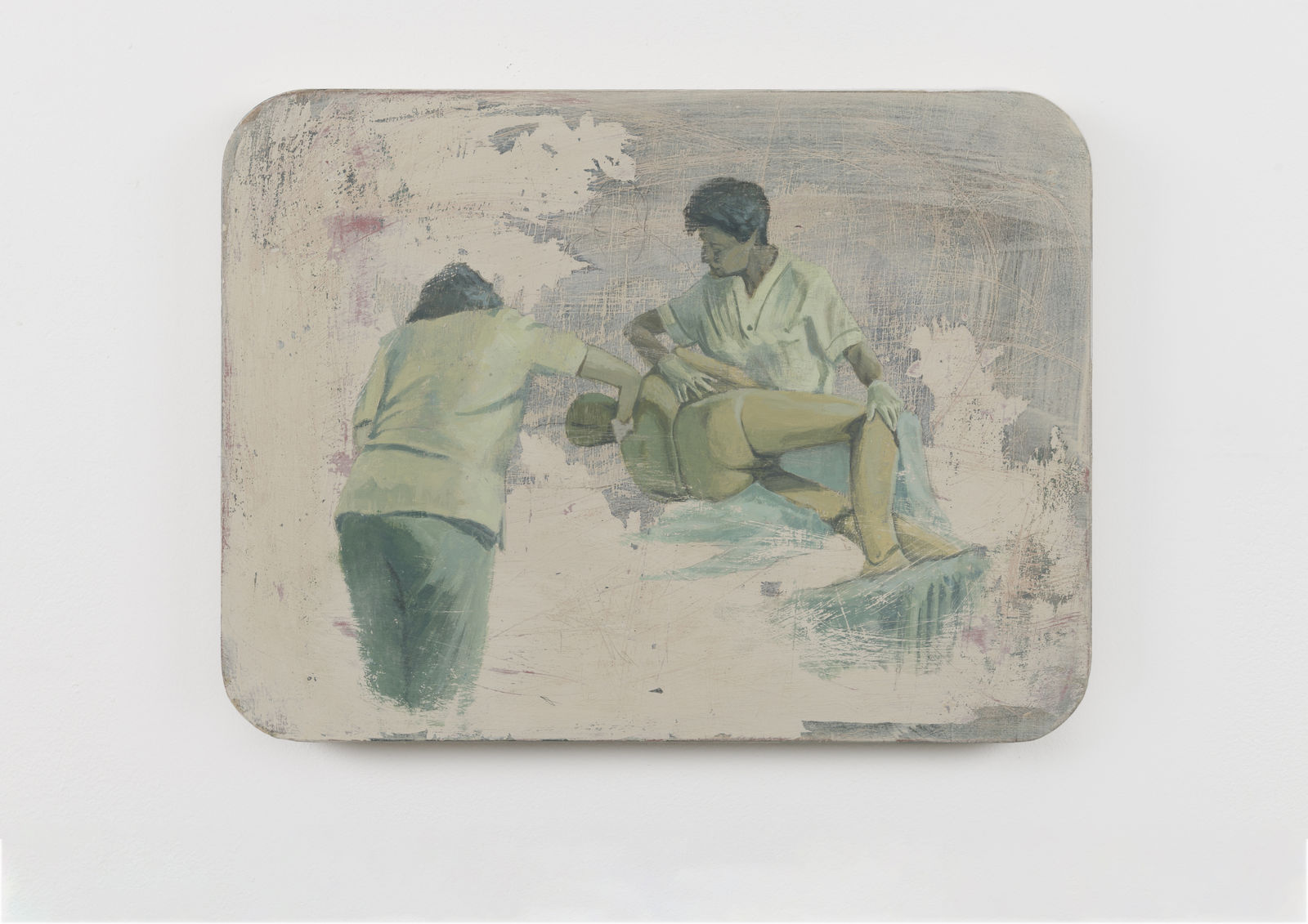 mixed media painting depicting two figures adjusting a body