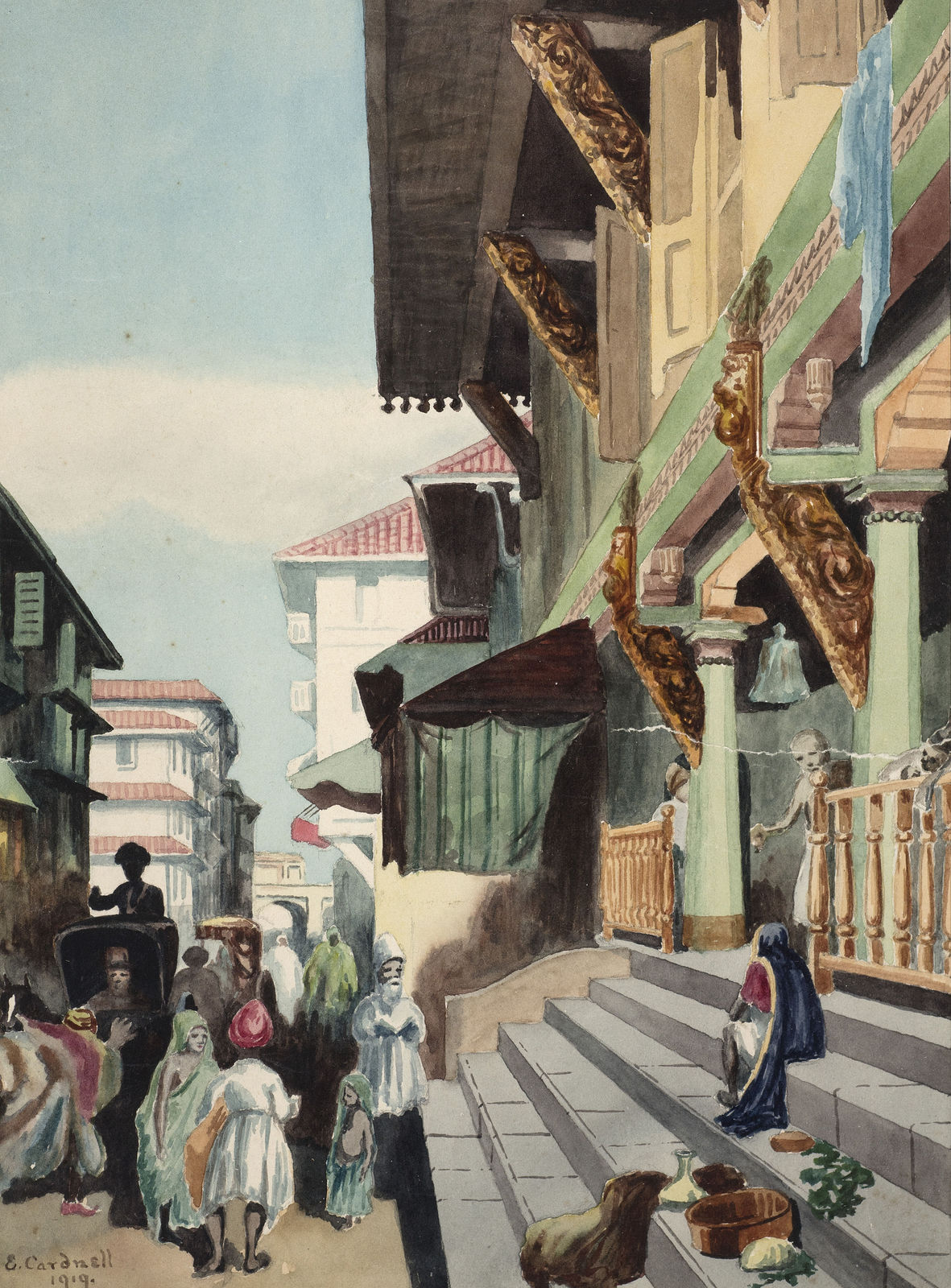 E. Cardnel, A busy street scene, 1919