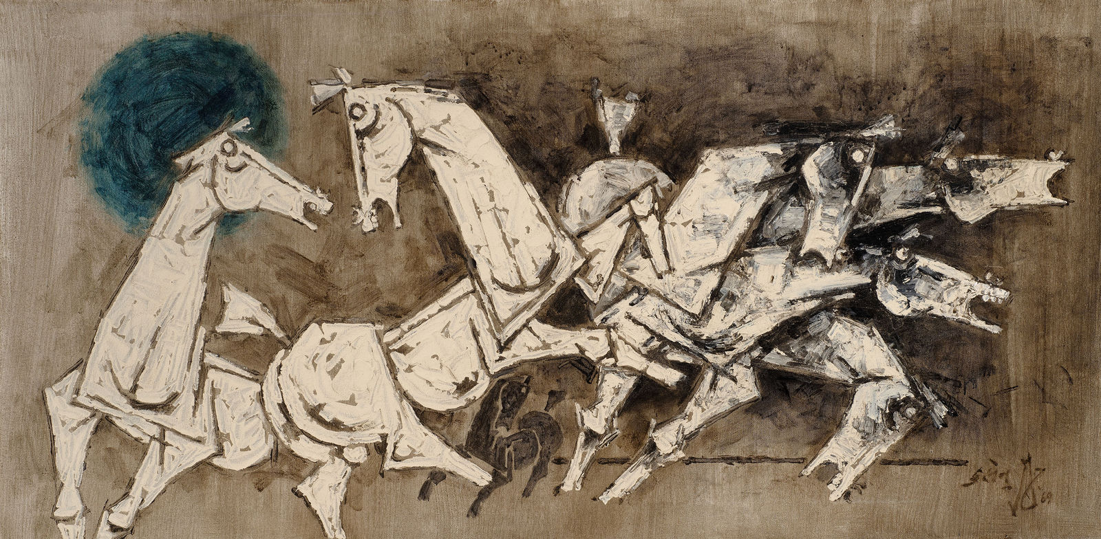 Maqbool Fida Husain, Seven Horses with Blue Sun, 1969