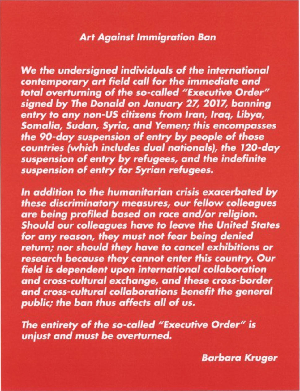 Barbara Kruger, Untitled (Letter) from Art Against Immigration Ban Letter Portfolio, 2017