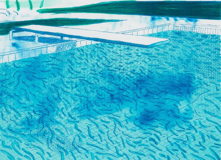David Hockney, Lithograph of Water Made Of Lines With Two Light Blue Washes, 1978-1980