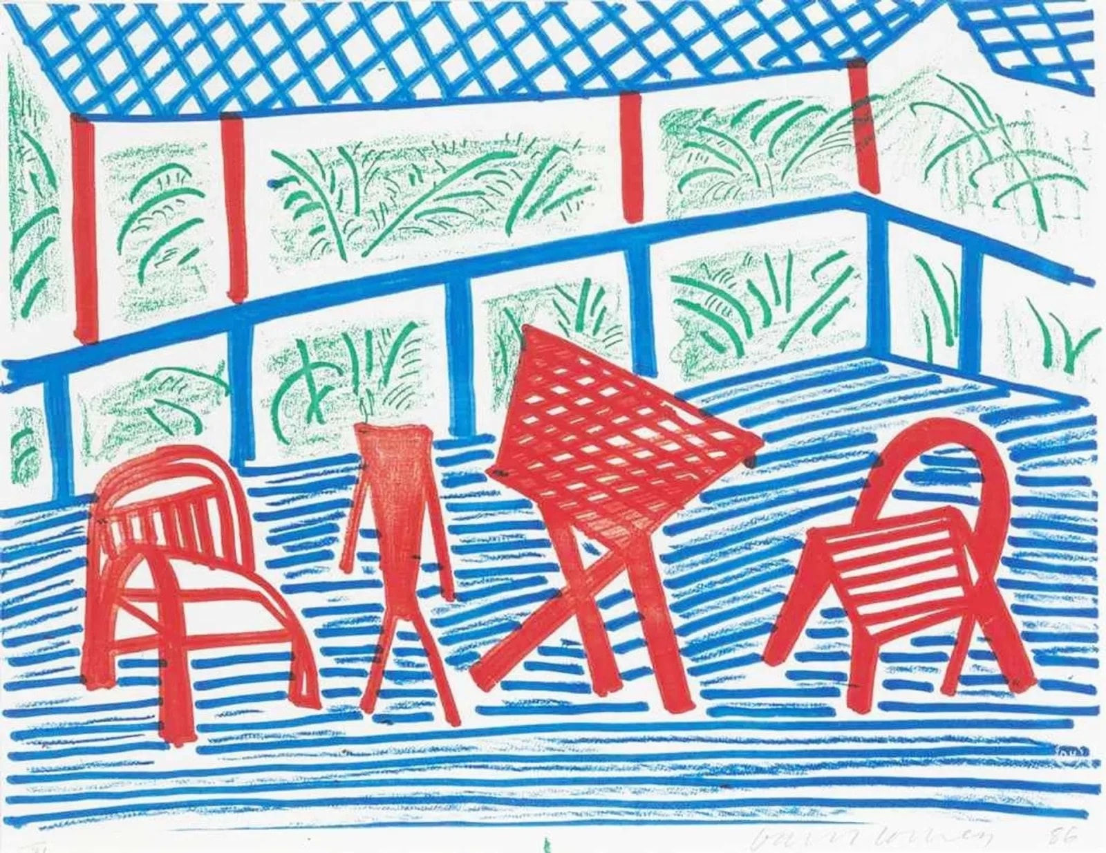 David Hockney, Two Red Chairs and Table, 1986
