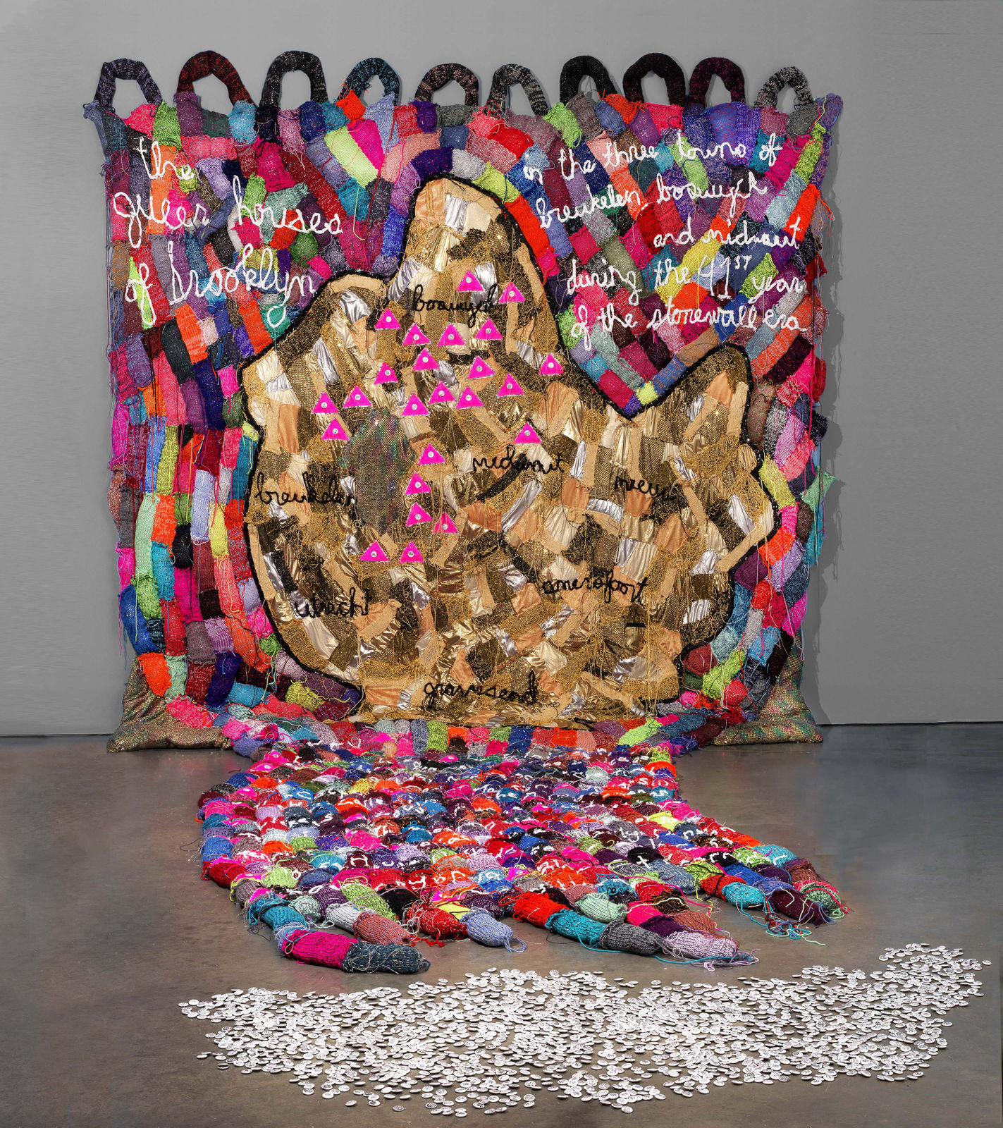 LJ Roberts, The Queer Houses of Brooklyn in the Three Towns of Breukelen, Boswyck, and Midwout during the 41st Year of the Stonewall Era (based on a 2010 drawing by Daniel Rosza Lang/Levitsky with 24 illustrations by Buzz Slutzky on printed pin-back buttons), 2011