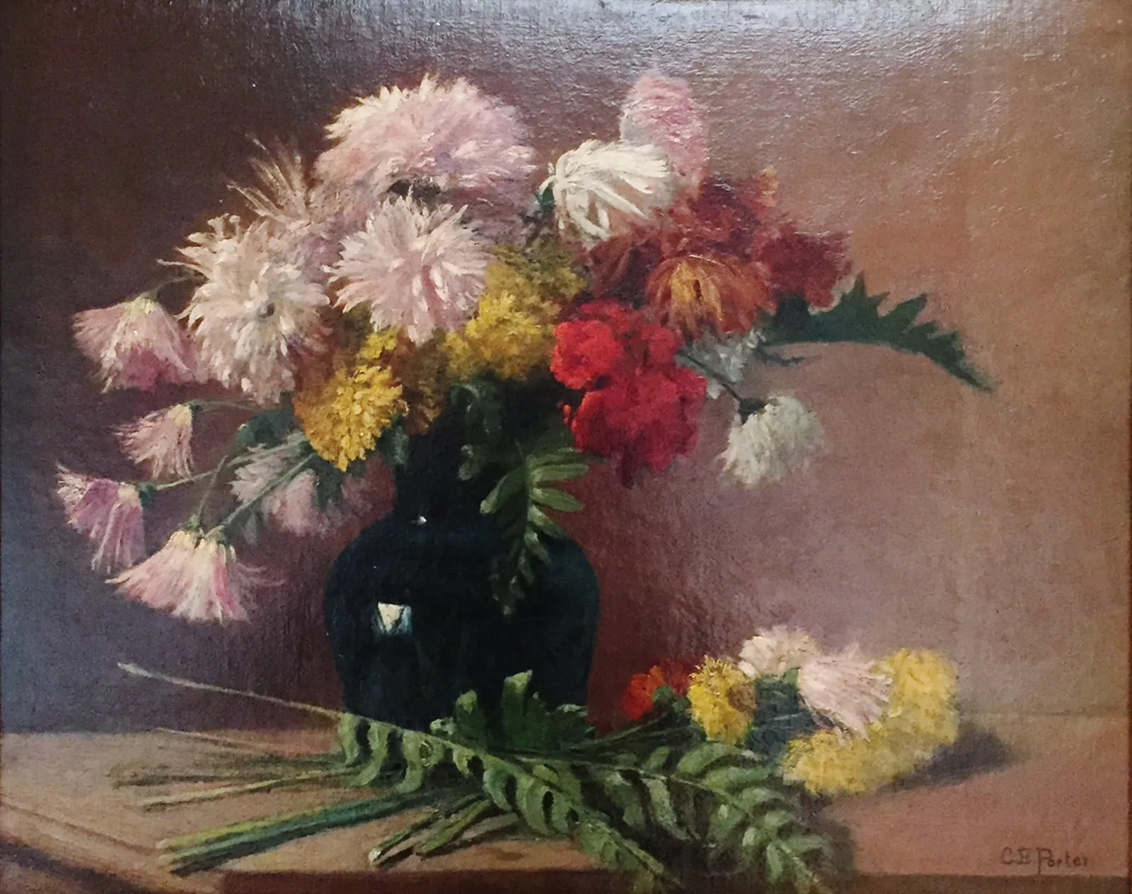 Charles Ethan Porter, Untitled Still Life (Pink, white, yellow & red carnations with dark blue vase), c. 1878