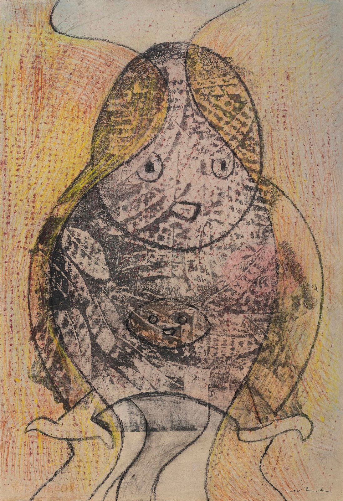 MAX ERNST: Mère Et Enfant, 1955, Crayon de couleurs et frottage sur papier marouflé sur panneau