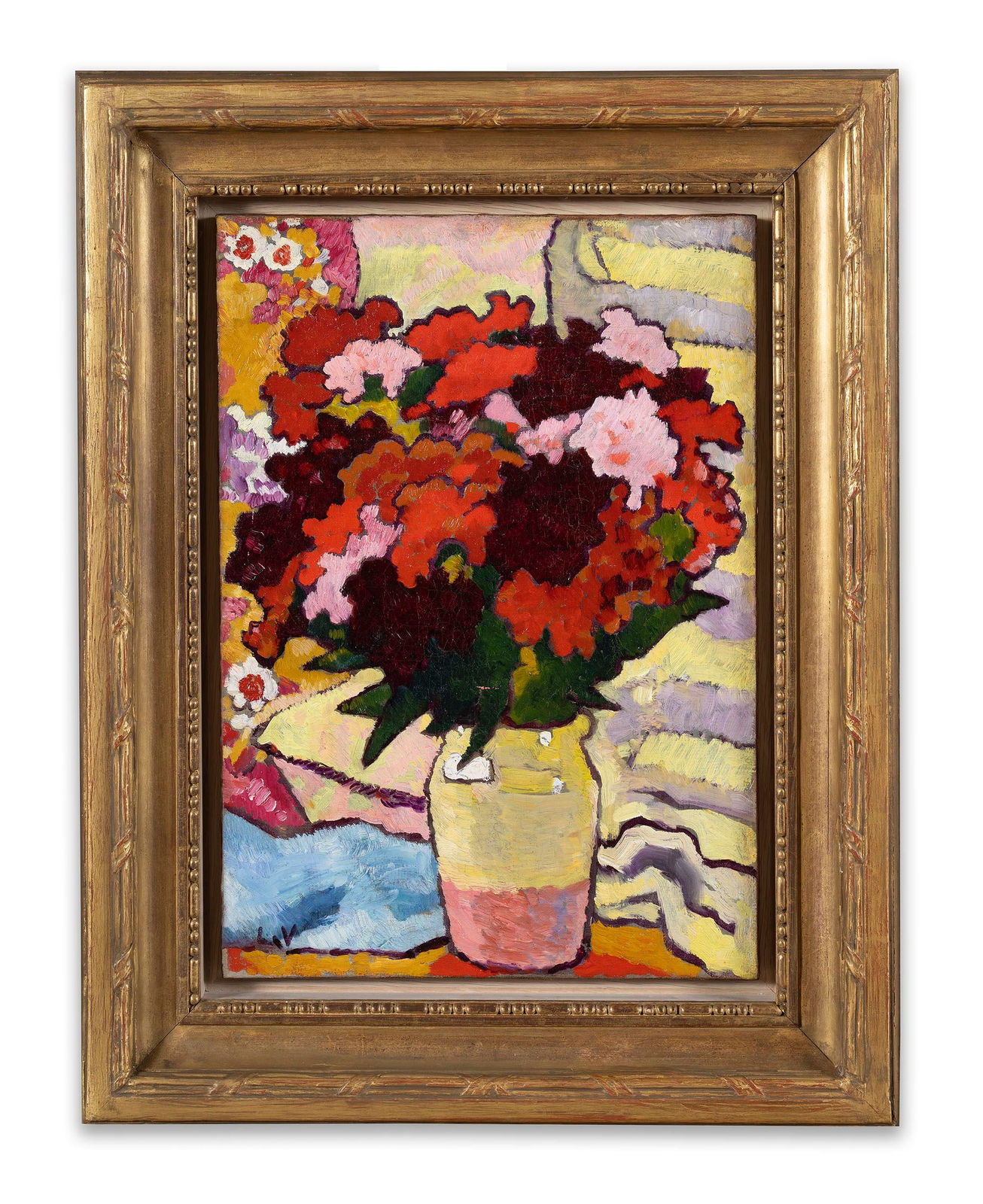 LOUIS VALTAT, Bouquet Au Drapé Jaune Et Mauve, circa 1945, Huile sur toile