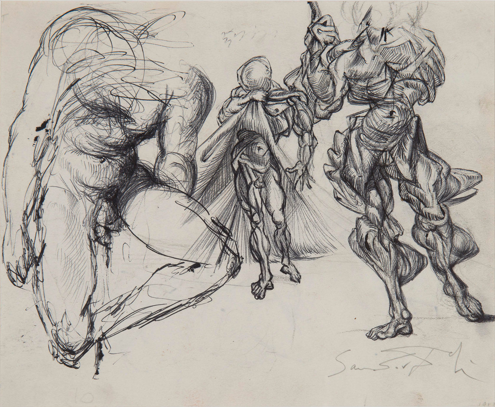 SALVADOR DALI, Étude de Figures Masculines, Trois Érotiques et Étude pour le Tableau : Vitesse Maximale de la Vierge de Raphaël, circa 1952-1954