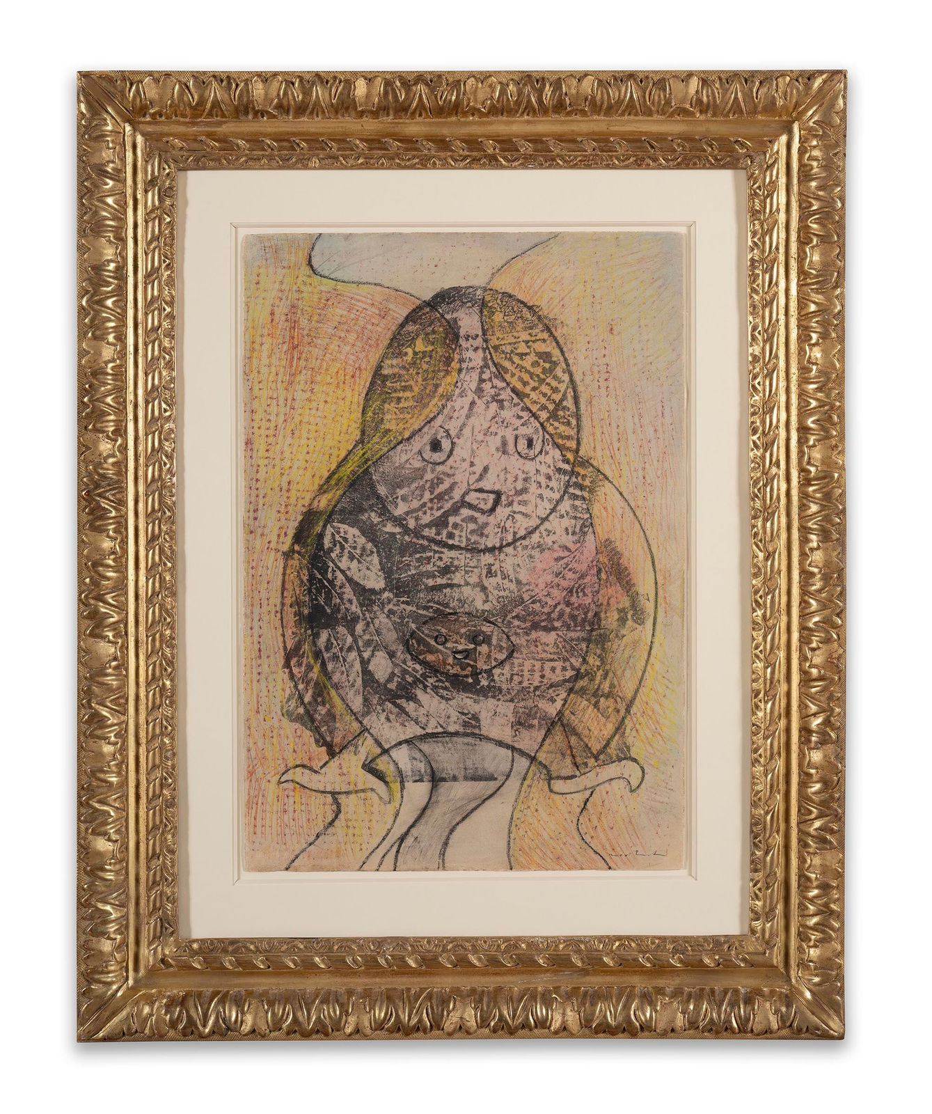 MAX ERNST: Mère Et Enfant, 1955, Crayon de couleurs et frottage sur papier marouflé sur panneau