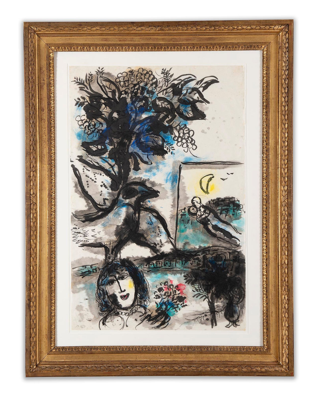 MARC CHAGALL: L' Oiseau À La Branche De Vigne Au-dessus De La Baie Animée, 1961, Lavis d'encre de Chine, gouache et graphite sur papier Japon