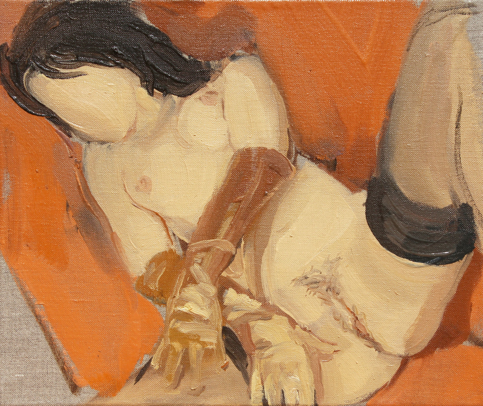 Faceless woman with orange gloves exposes bare breasts and vagina towards viewer against orange background.