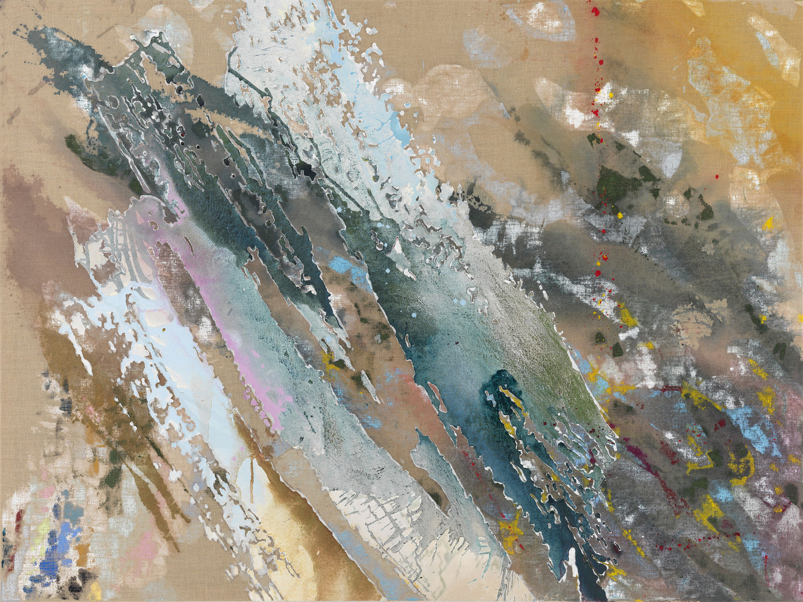 Textured swaths of light blue, pink and dark green paint move across the tan background in a diagonal fashion from bottom right to top left. Next to these swaths are smaller glops of paint in light blue and dark yellow.