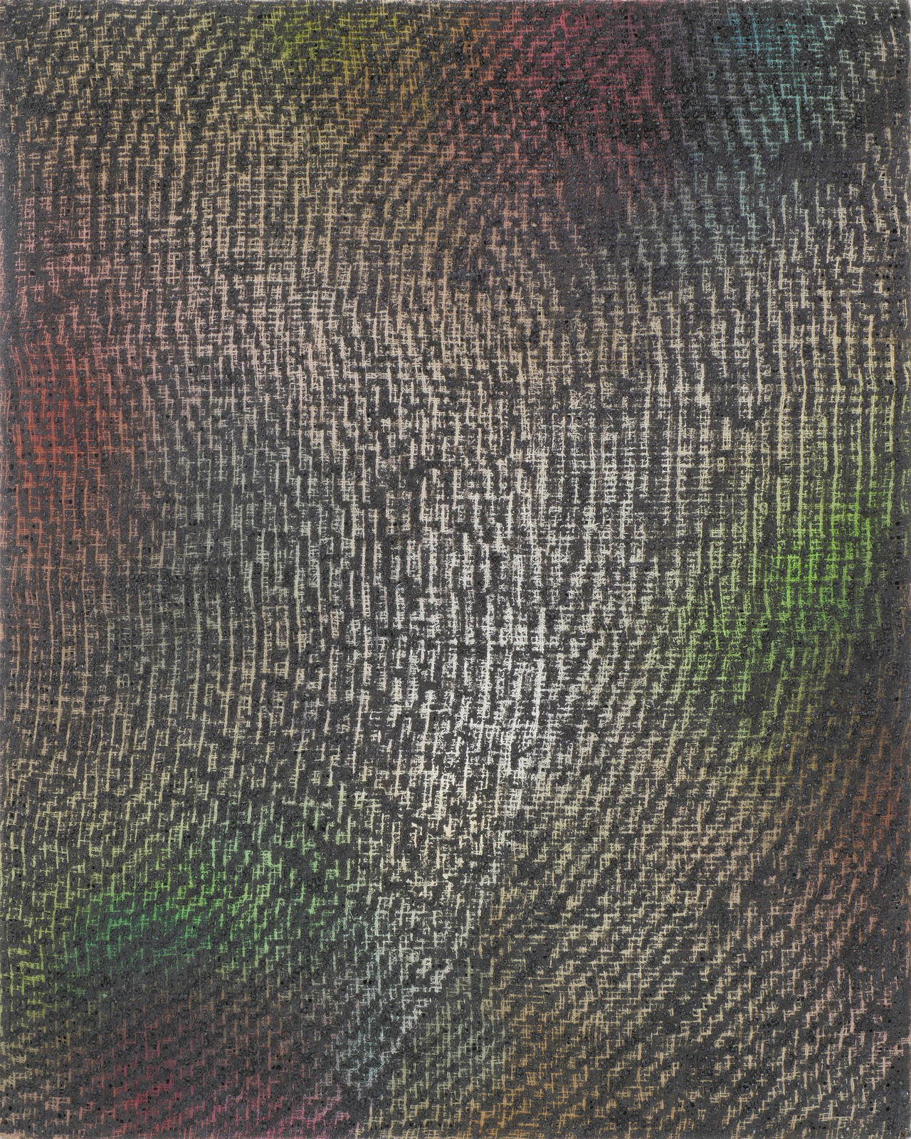 A multicolored abstract painting on canvas.