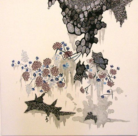 Abstract mixed media piece of a glittery gray scaly form dripping down from the top right portion of the piece. Multiple small dark red and blue flowers as well as chunks of the glittery gray scaly form appear to fall from the central form at the top and splatter onto an invisible surface at the bottom of the piece