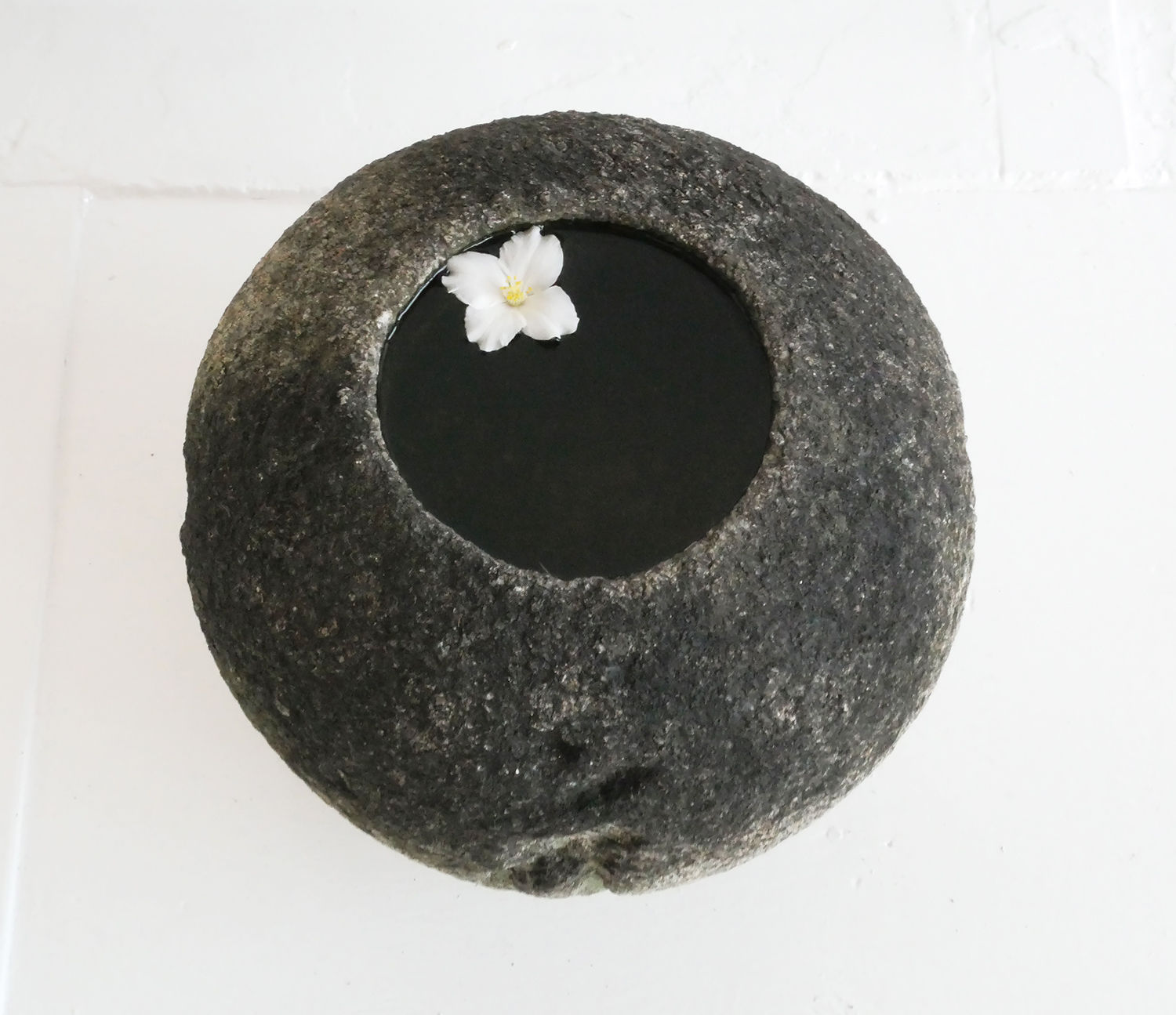 Detail of top of dark stone, round basin full of water with flower in water..