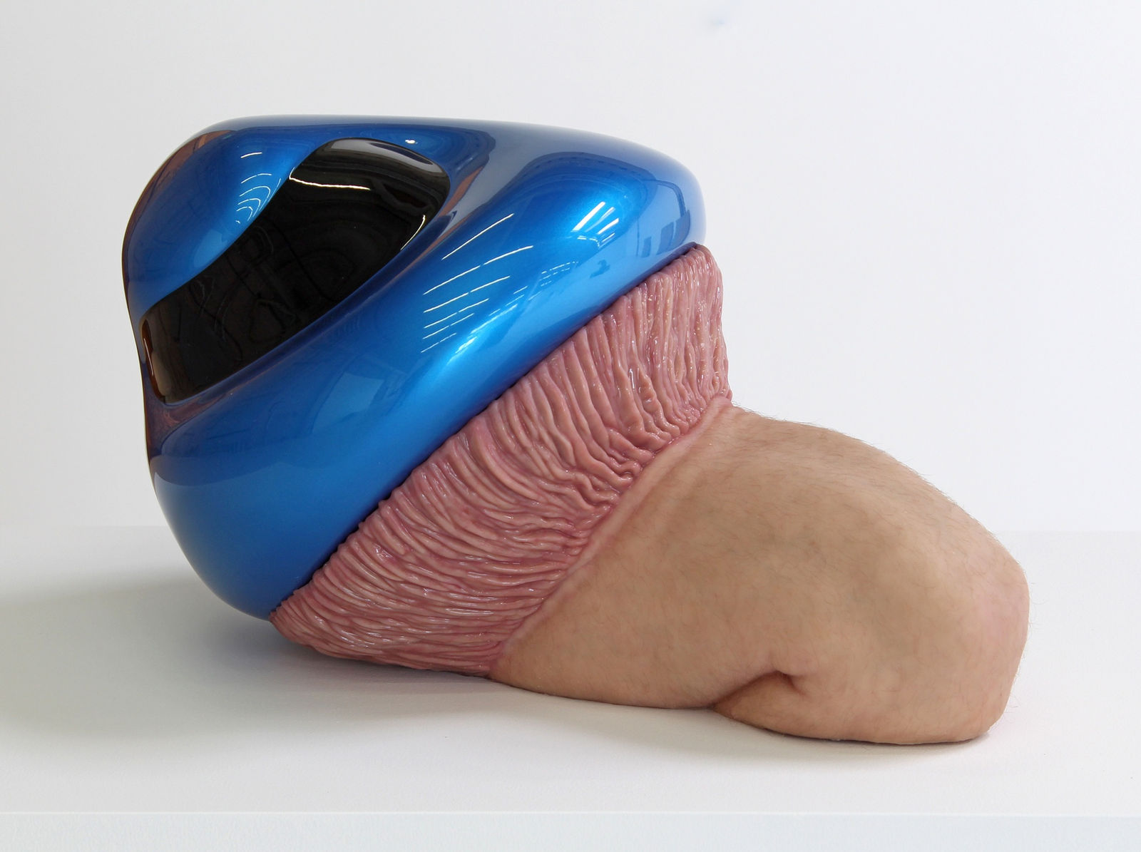 Three-layered sculpture in snail shape. Top layer is a mushroom-shaped motorcycle helmet with shiny blue paint and dark fiberglass. Middle layer is like a stomach lining connected to the last layer, which is an upper thigh and knee with human skin and hair.