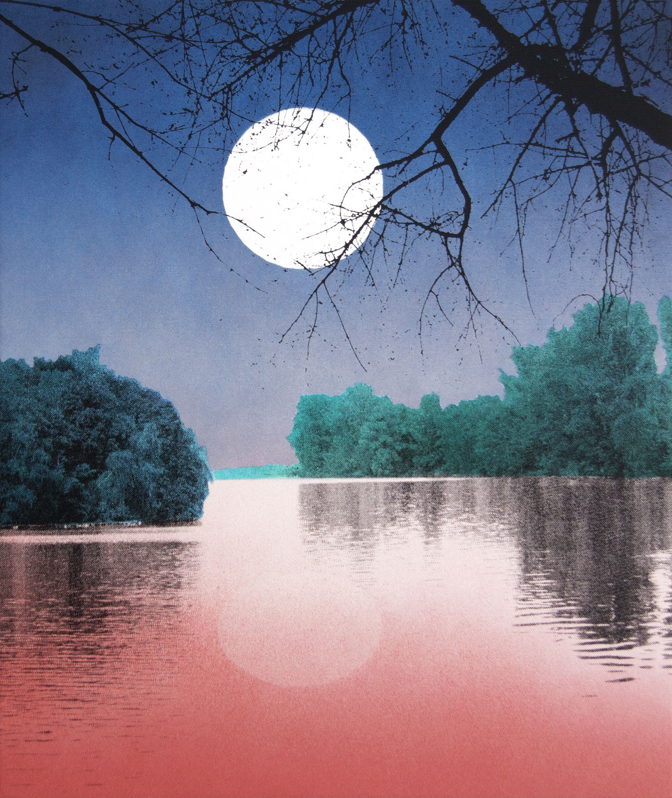 Multiple silkscreen layers of multicolored paint form a constructed landscape of two burry and heavily pixelated riverbanks jutting from the left and right center of the piece. In the foreground a black silhouette of a thin tree branch extends from the upper right corner to the left of the piece. At the upper left center a large white circle alluding to a moon floats in a blue sky while a faint pink circle towards the bottom left of the piece represents its watery reflection