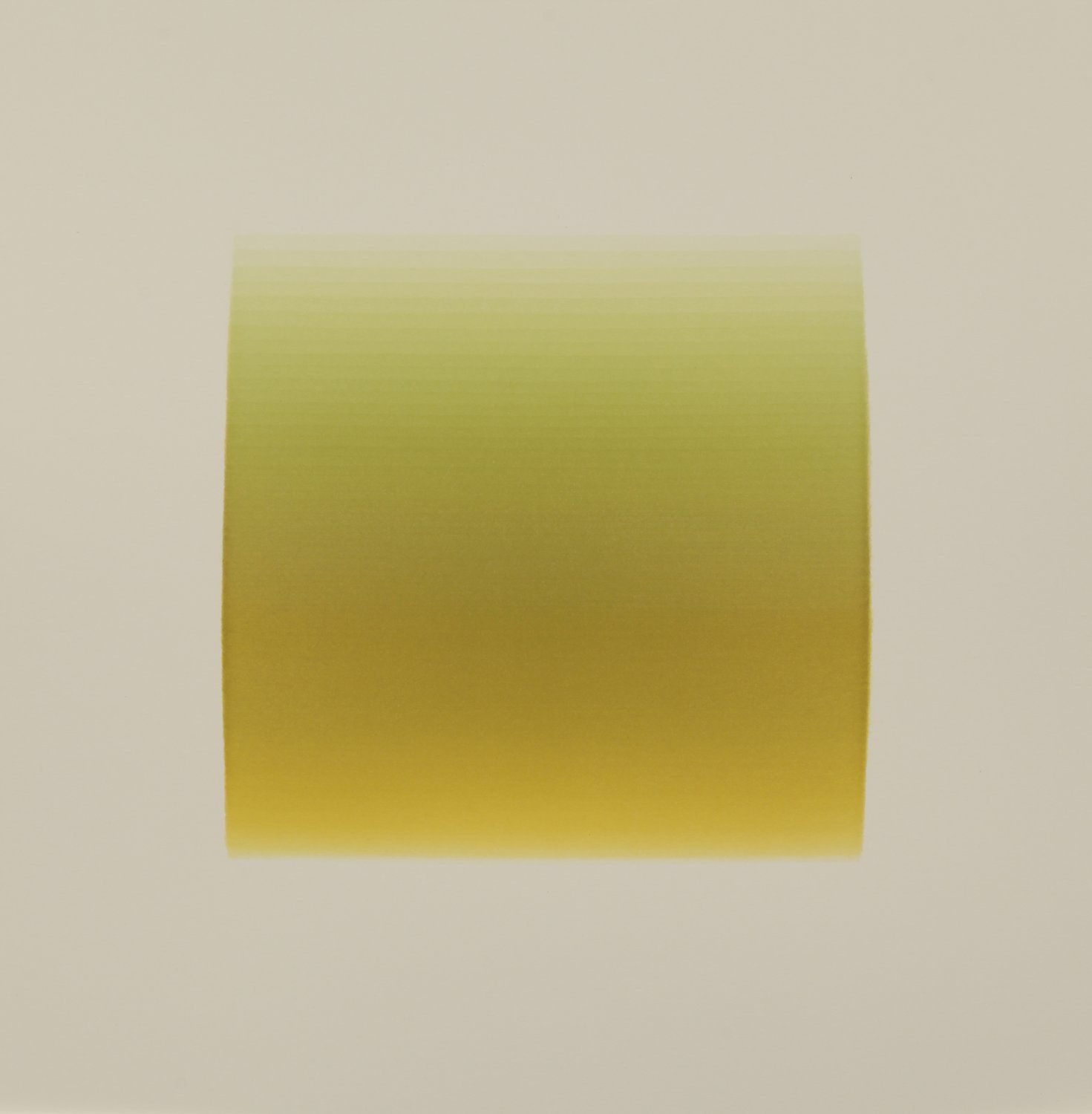 Thin horizontal lines are painted in gradient hues from light yellow to dark yellow to chartreuse, creating a square color field. The gradient effect is created from the overlapping of the horizontal lines.