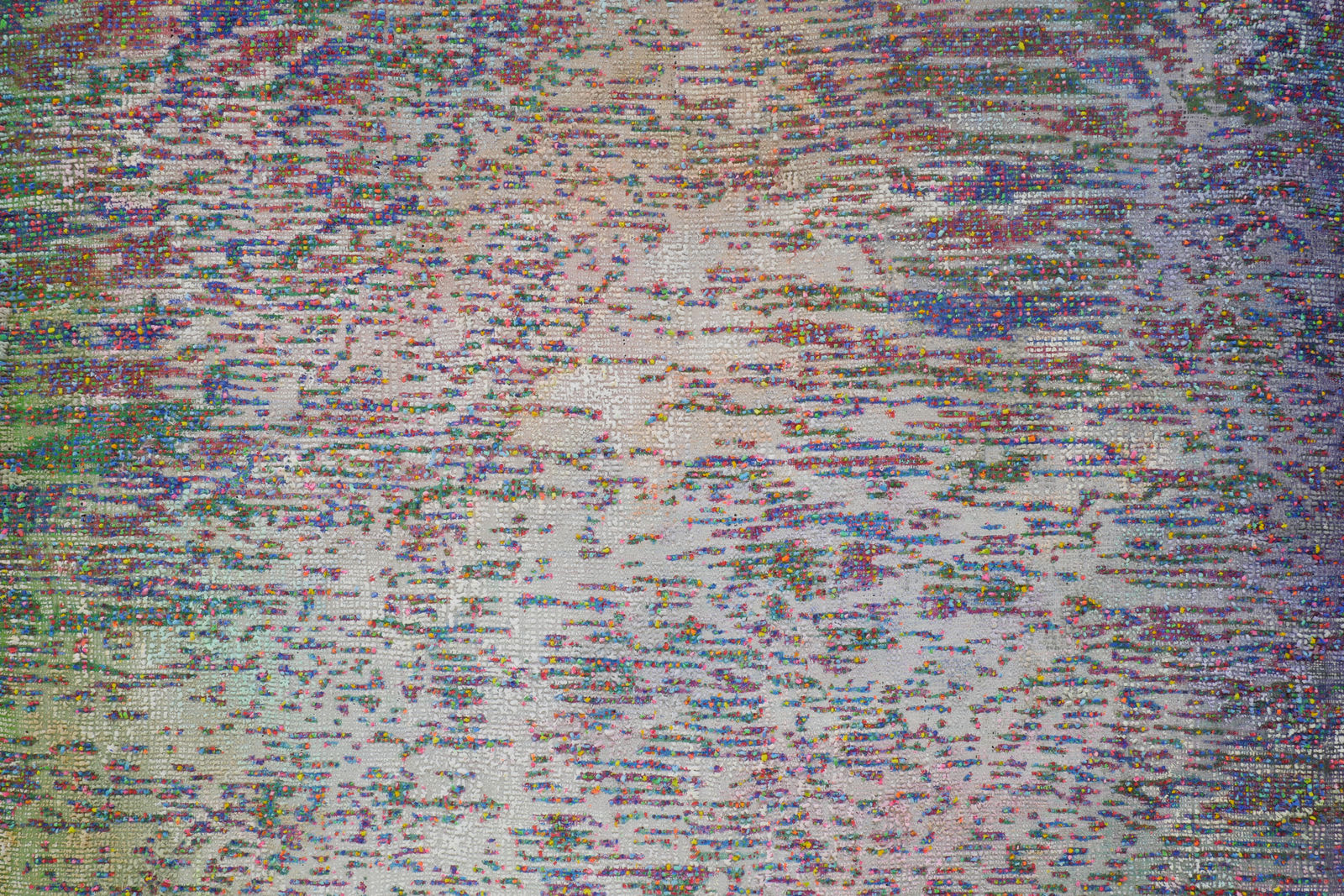 Detail; a multicolored abstract painting with fingerprint-like line work.