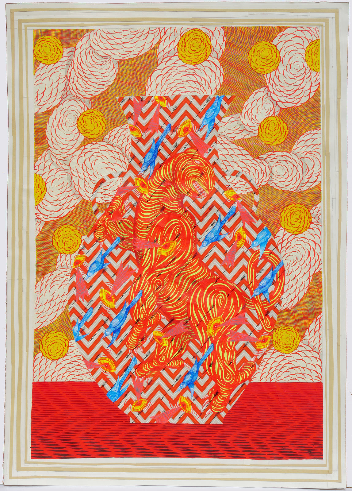 Cross-hatching in red and yellow creates a background behind yellow and white scalloped smoke outlined in red. Smoke emerges from the mouth of a vessel with red and white chevron patterning, blue birds flying diagonally, red and yellow floating eyes, and a red and yellow beast.