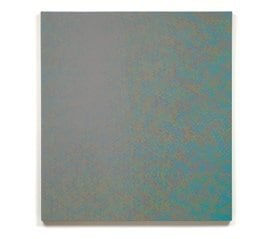 Faded painting with multi-hued green asterisk shaped forms morphing and moving in waves against each other which then fade into a dark gray as they approach the left side of the piece