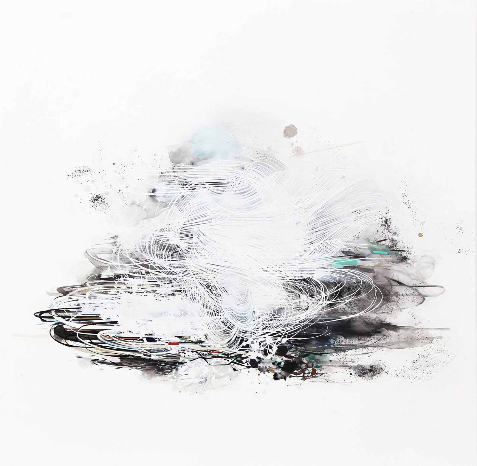 Abstract mixed media piece of a multicolored but predominantly black and white exploding mass of various layered and interconnecting geometric patterns, swirls, loops, paint splotches, and watercolor washes against a white background