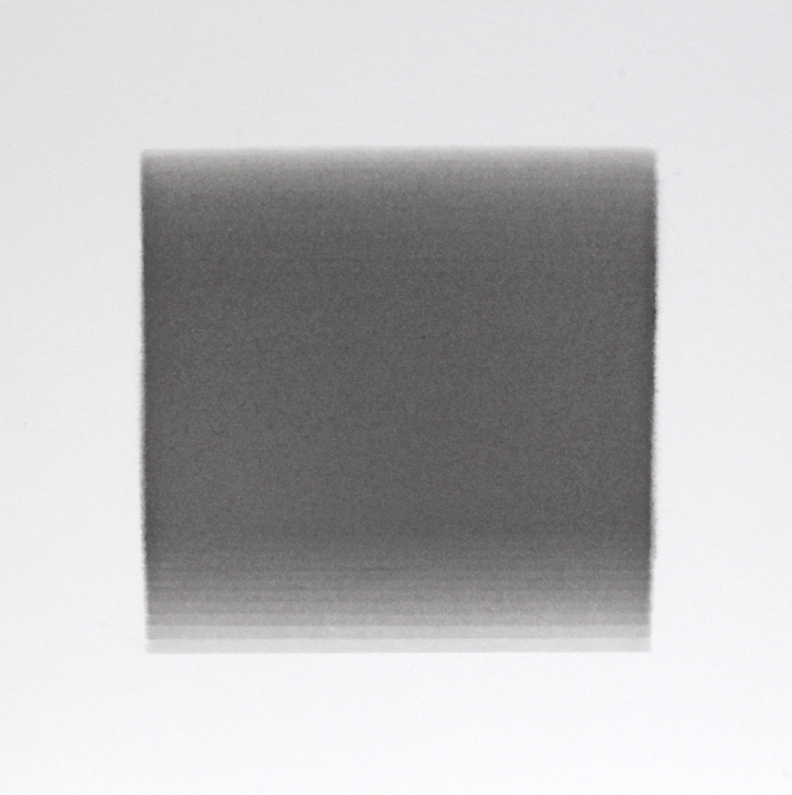 Thin horizontal lines are painted in gradient hues from light gray to dark gray and back to light gray again, creating a square color field. The gradient effect is created from the overlapping of the horizontal lines.