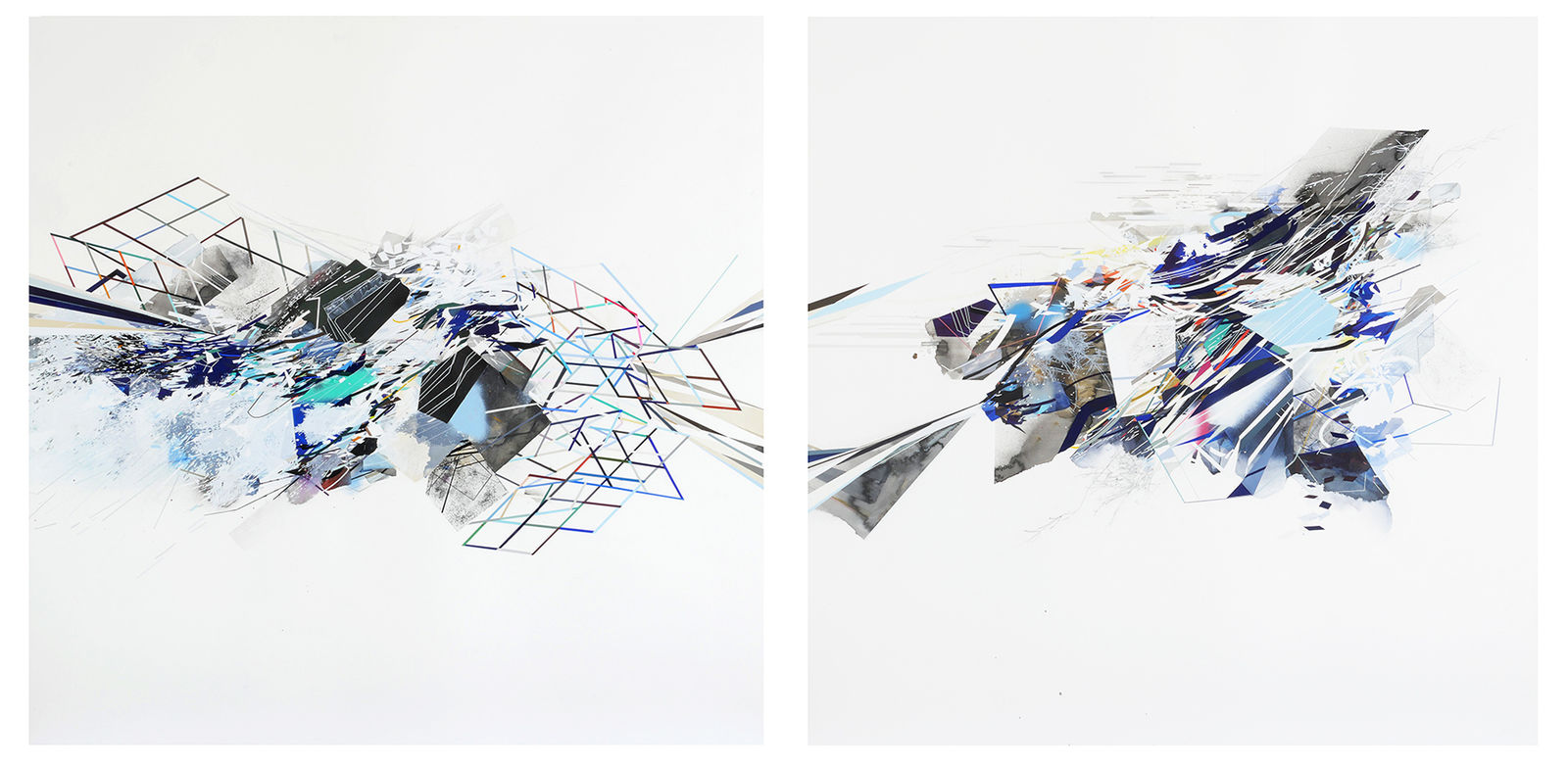 Abstract diptych mixed media piece of two multicolored but predominantly black and blue layered masses of various thin and thick lines, geometric patterns, paint splotches and watercolor washes. The layered forms are located at the center of their respective paper surrounded by white negative space