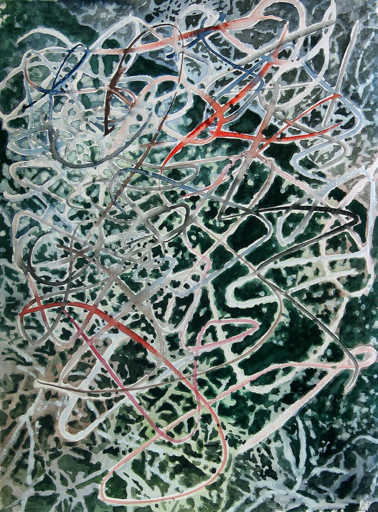 White, gray and red lines swirl in a graffiti-like manner across a dark background.