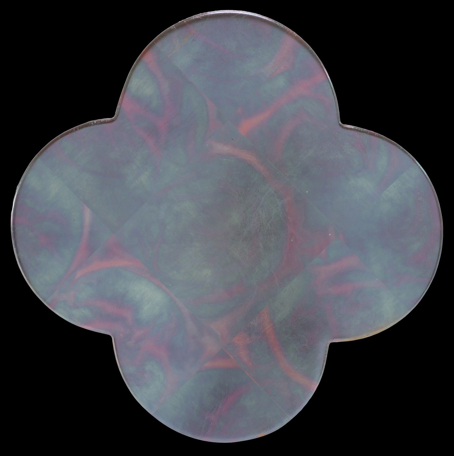 Dark multi-colored dyed silver leaf on quatrefoil cut panel