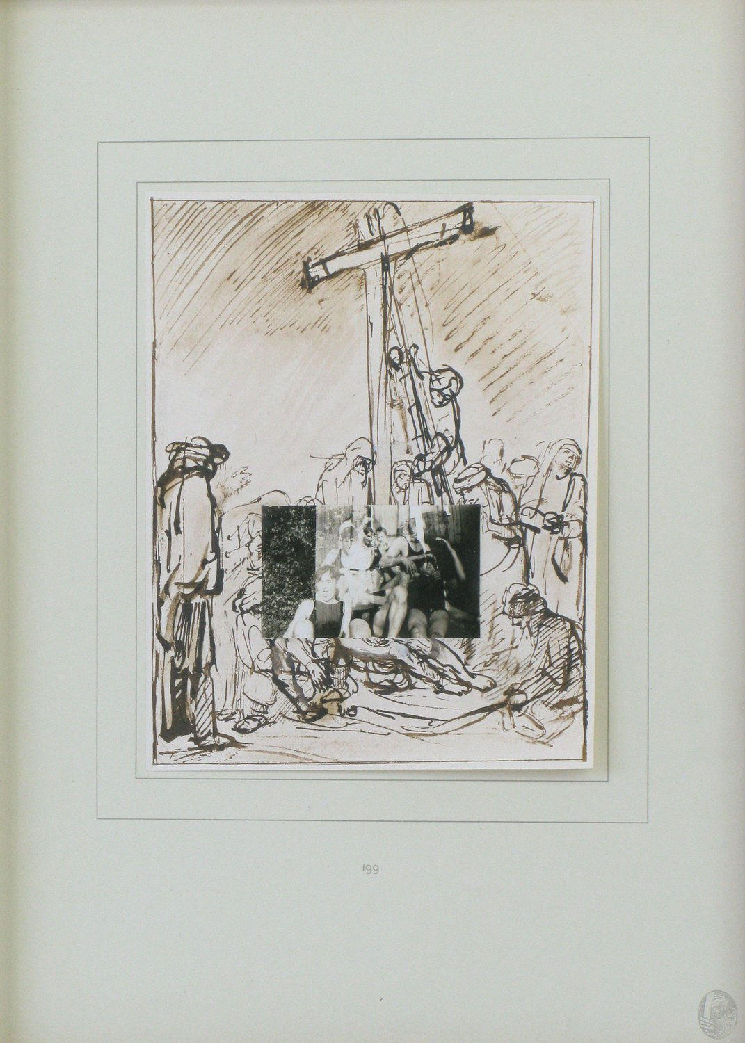 Black and white sketch of Christ being lowered from the cross. Superimposed over the drawing is a black and white photograph of young adults.
