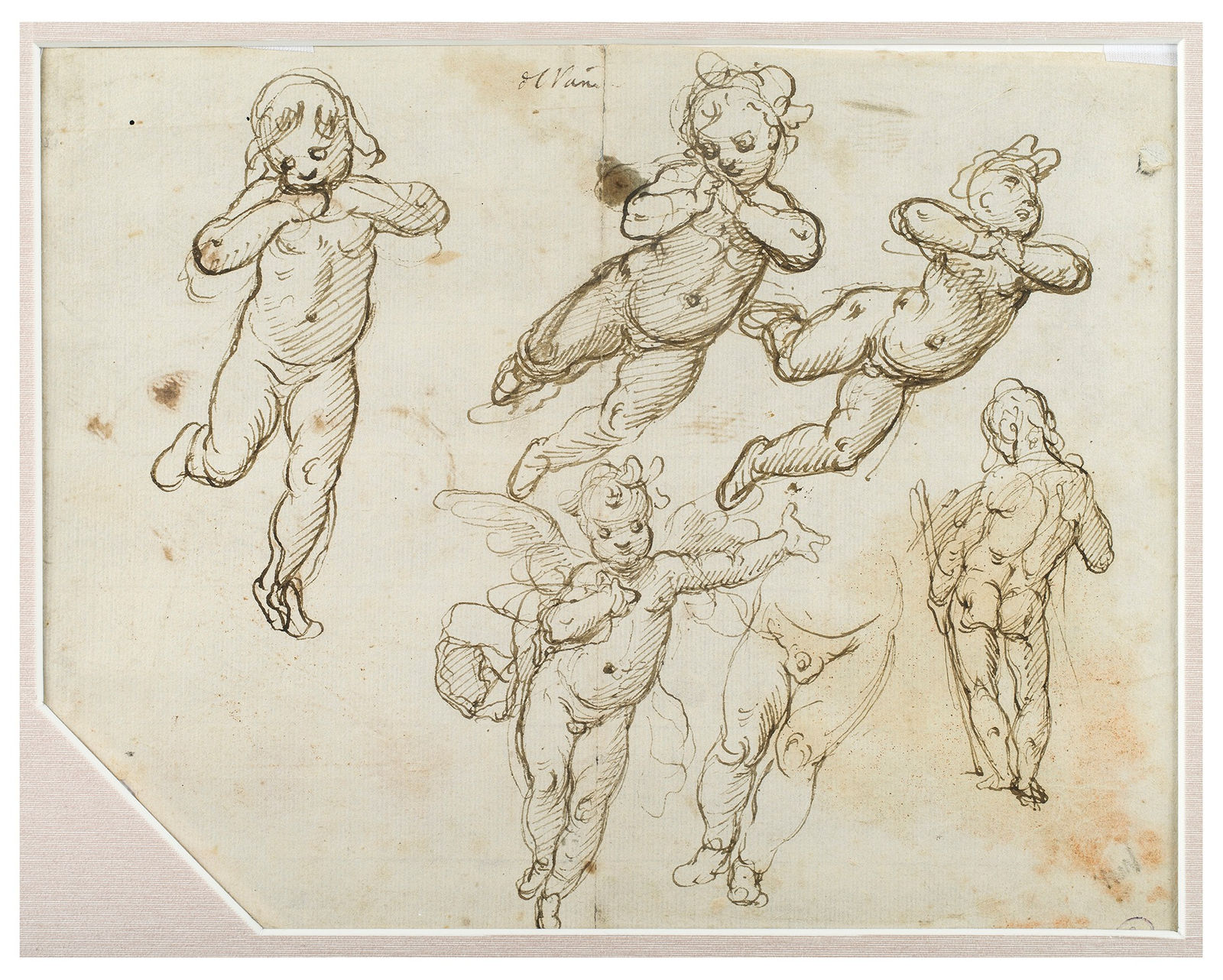 Alessandro Casolani (Siena, 1552-1606), Studies of Putti in various Poses (recto); Study of a Male and Female Figure, Study of a Face (verso)