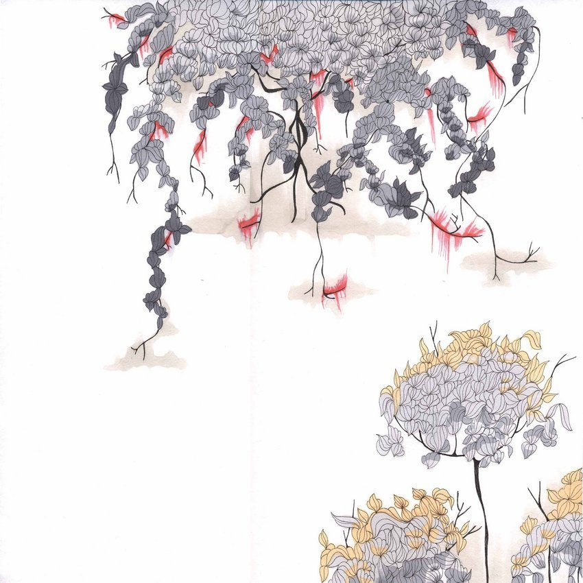 Abstract mixed media piece of two different leafy trees. At the top half of the piece a large gray and red leafy and viney plant creeps down to meet three tree tops. The tree tops are washed with gray and yellow watercolor and are peeping out from the lower right corner