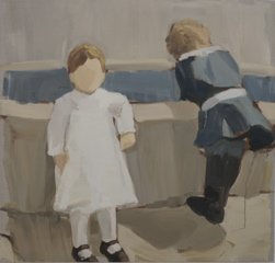 Two small children stand at the edge of a pool of water. One, a faceless girl in a white dress, faces towards the viewer and the other, a boy in blue clothes, gazes over the pool’s edge.