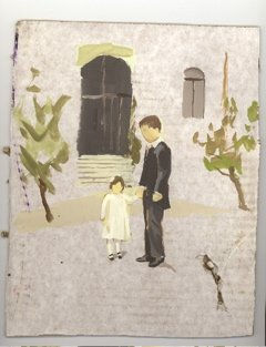 Faceless father in suit standing in profile view holds the hand of his young faceless daughter who is facing the viewer. Both stand in front of a house exterior painted on exposed cardboard background.