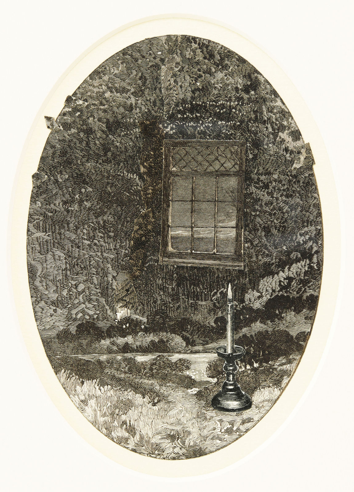 Vertical, elliptical greyscale image of the exterior window of a building surrounded by flora with a candle in its holder in the foreground