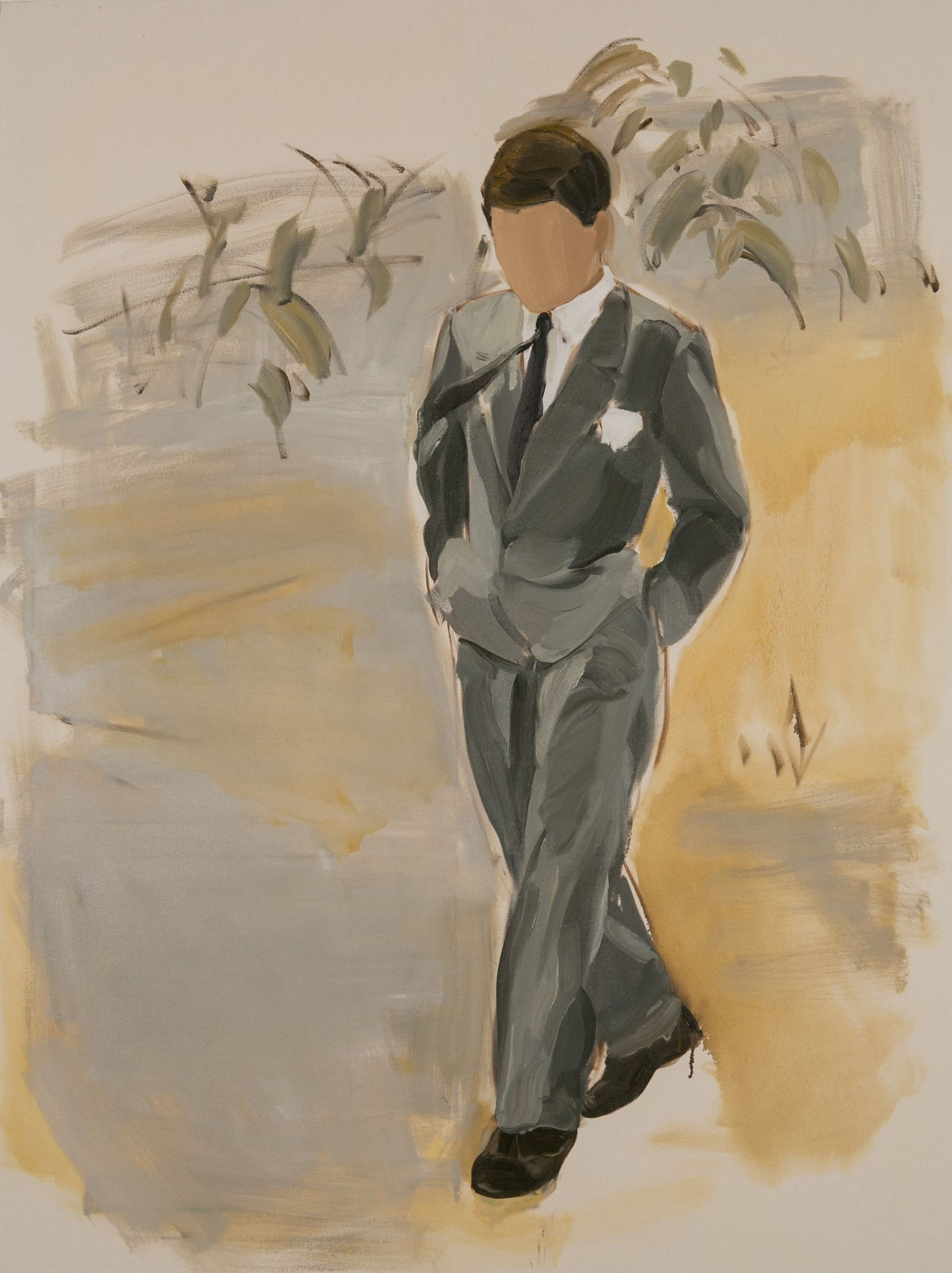 Faceless man in gray suit with hands in pants pockets walks towards the viewer in front of a loose gray and yellow background with plants.