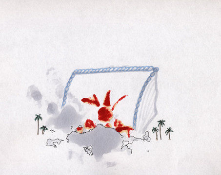 Ink and marker piece of a large vanilla cake melting down the front and into an uneven gray mass surrounded by five tiny palm trees. The cake is lined with light blue frosting trimming. Red splotches on the front of the cake allude to more melted icing decoration