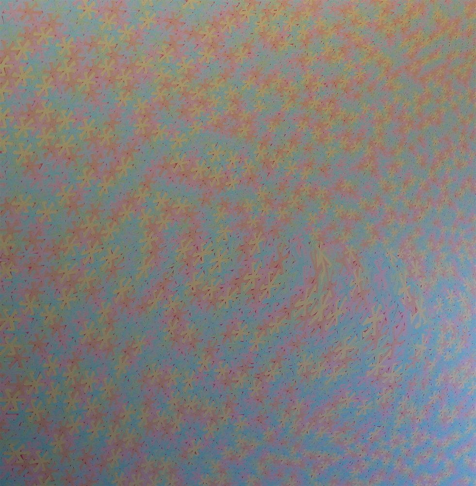 Faded painting with multi-colored asterisk shaped forms morphing against each other