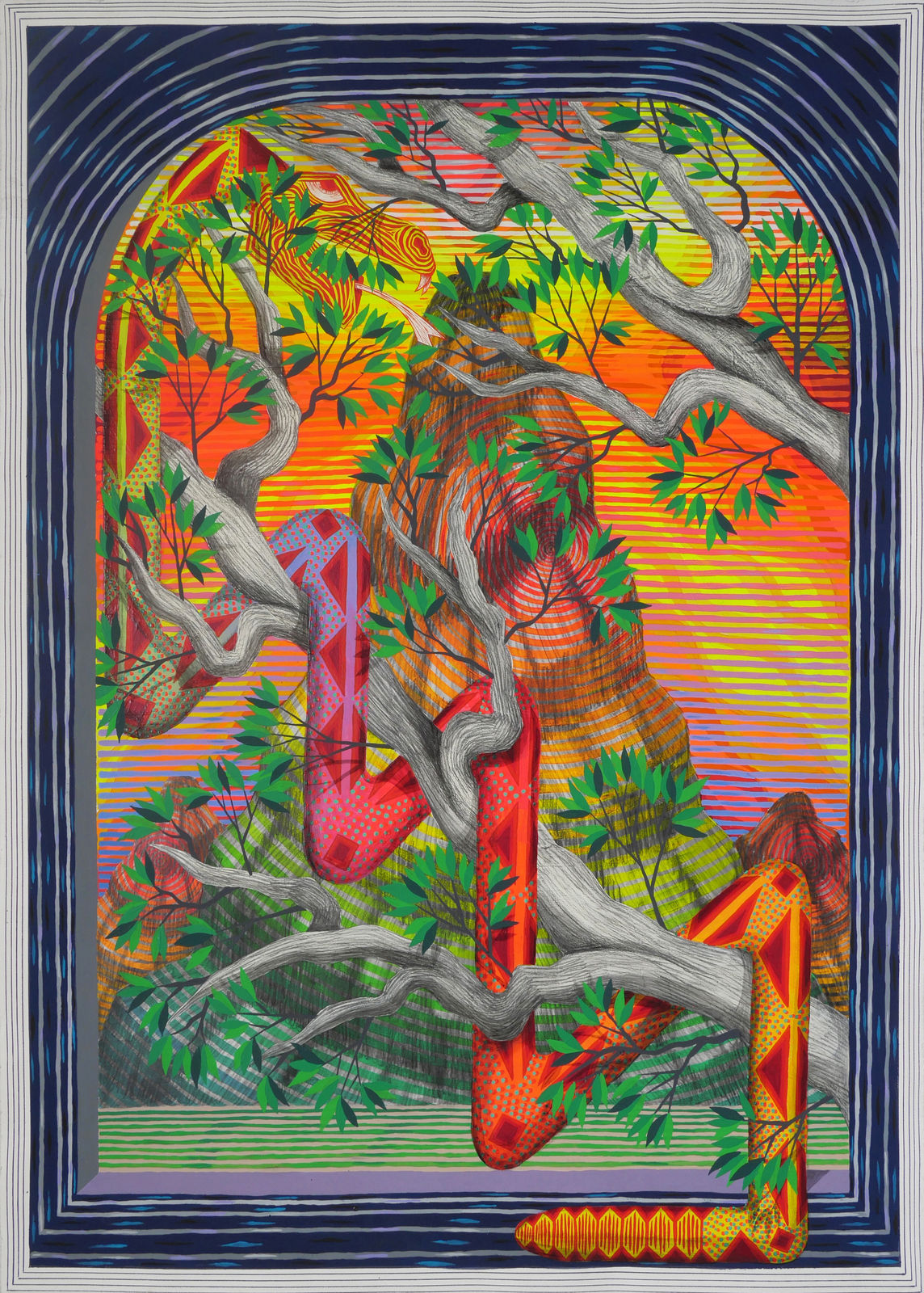 Framed by white and navy lines, patterned and multi-colored snake climbs on tree branches that stretch diagonally in front of a mountain with an orange and yellow striped background.