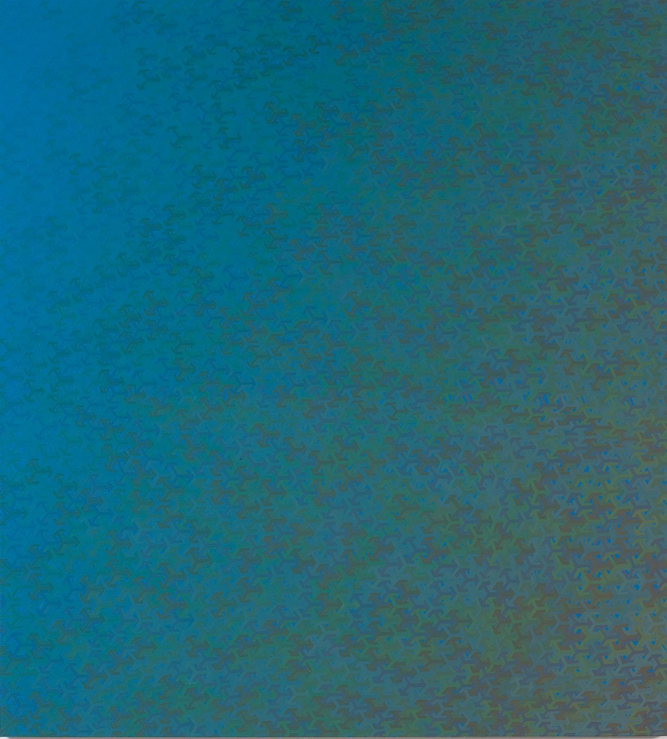 Dark, blue tinted painting with multi-hued blue and green asterisk shaped forms morphing and moving in waves against each other which then fade into blue as they approach the left side of the piece