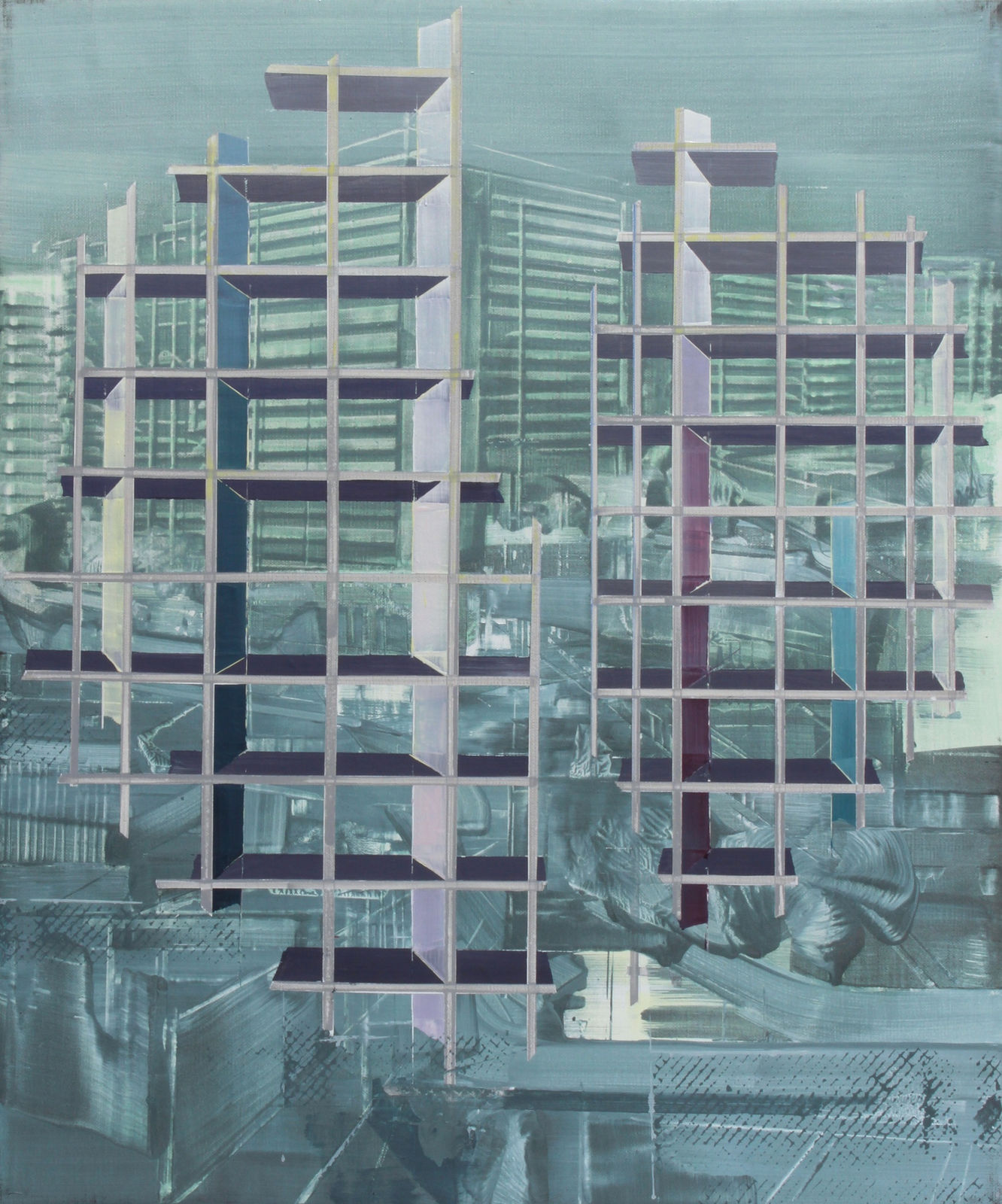 Green and blue Urban landscape with several grayscale highrise buildings and streets Two large blue an purple grids of alternating thin and thick horizontal and vertical lines form the illusion of foreground scaffolding
