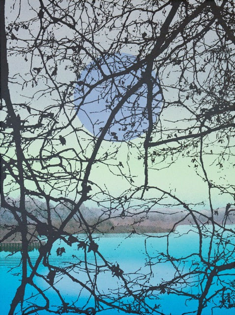 Multiple silkscreen layers of black blue and green paint form a constructed landscape of a blurry and heavily pixelated riverbank which is obstructed by multiple silhouettes of tree branches. In the upper center of the piece a large periwinkle circle alluding to a full moon floats in the sky while a blurred circle at the bottom represents its reflection in the water