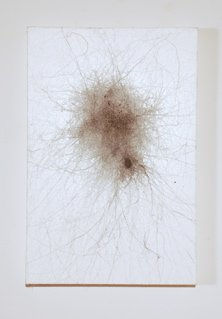 hite painted background with central brown ink puddle in which multiple hasty strokes sprawl out from and criss cross along the canvas